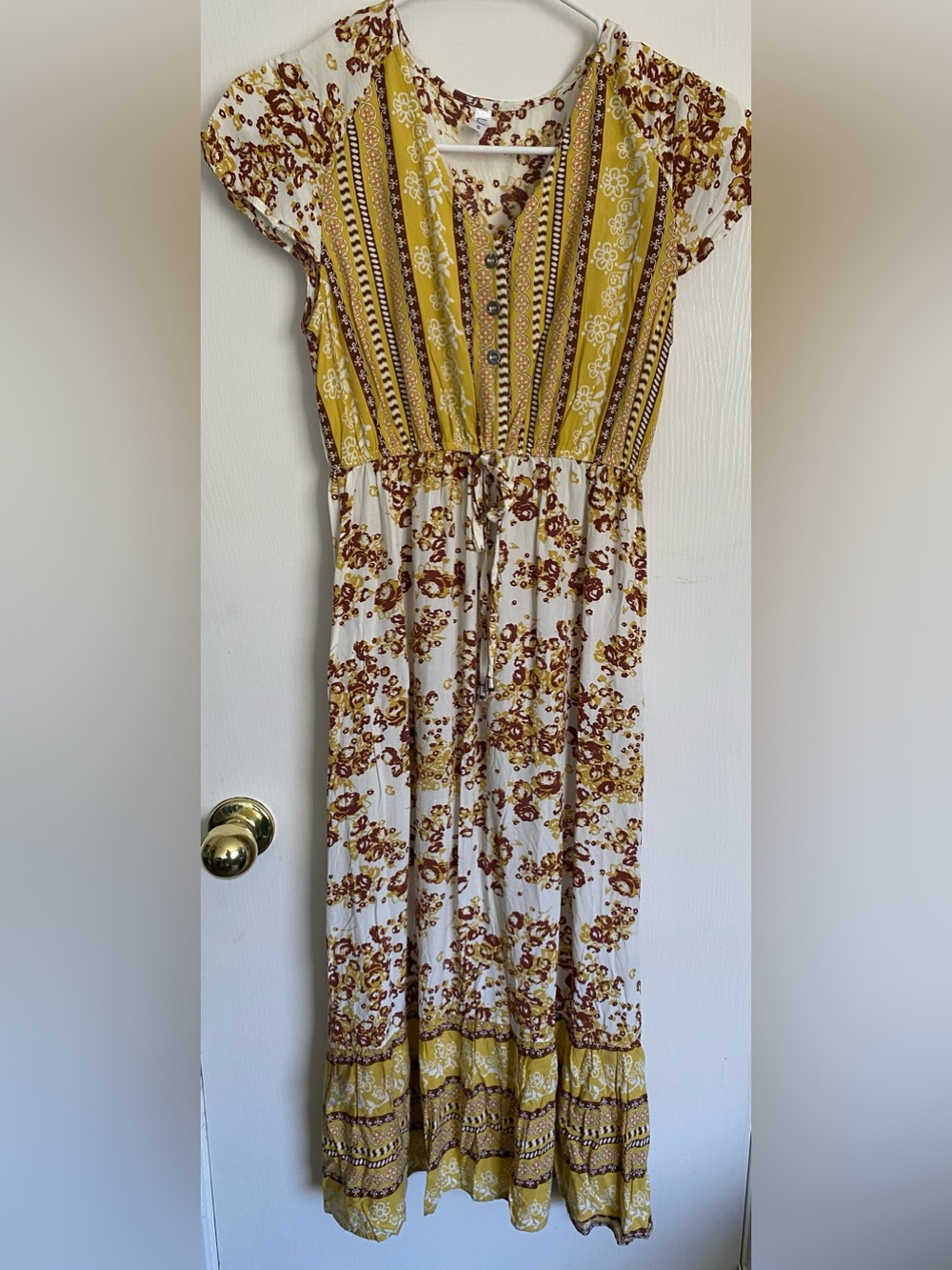 Lapis Boho Floral Patchwork Tiered Maxi Dress Mustard Yellow Rust Small